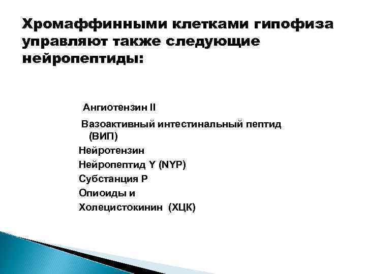 Хромаффинными клетками гипофиза управляют также следующие нейропептиды: Ангиотензин II Вазоактивный интестинальный пептид (ВИП) Нейротензин