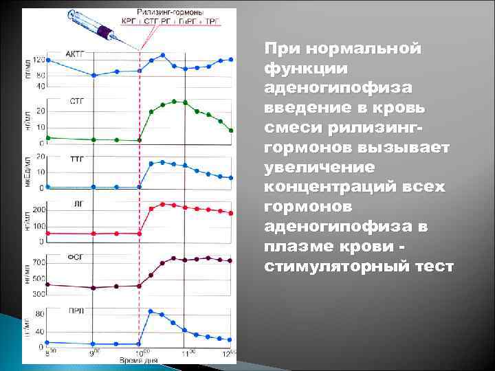 При нормальной функции аденогипофиза введение в кровь смеси рилизинггормонов вызывает увеличение концентраций всех гормонов