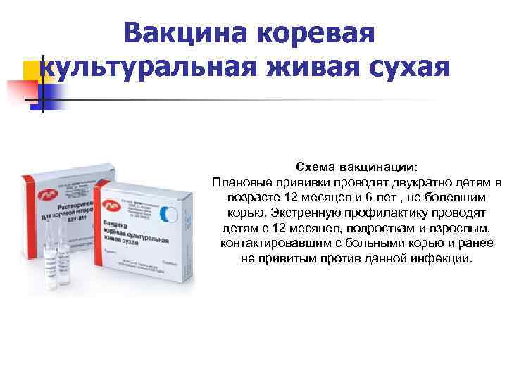 Вакцина коревая культуральная живая сухая Схема вакцинации: Плановые прививки проводят двукратно детям в возрасте