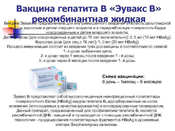 Вакцина гепатита В «Эувакс В» рекомбинантная жидкая Вакцина Эувакс В предназначена для внутримышечного введения