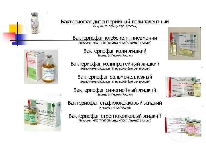 Бактериофаг дизентерийный поливалентный Иммунопрепарат (г. Уфа) (Россия) Бактериофаг клебсиелл пневмонии Микроген НПО ФГУП (Биомед