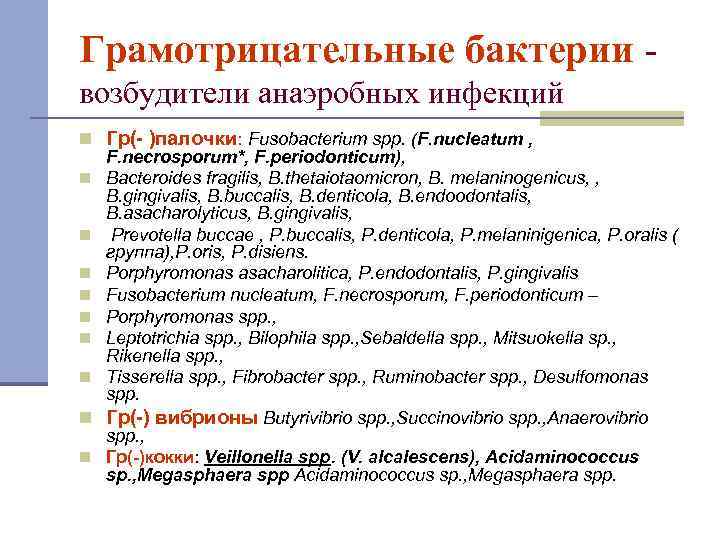 Грамотрицательные бактерии возбудители анаэробных инфекций n Гр(- )палочки: Fusobacterium spp. (F. nucleatum , F.