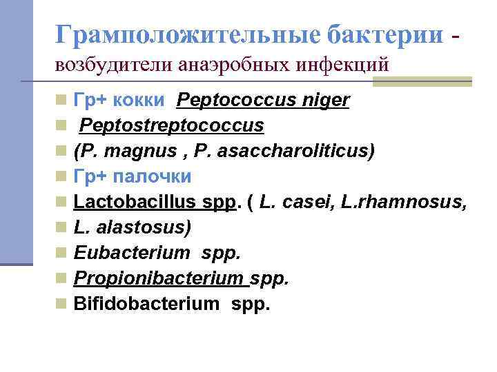 Грамположительные бактерии возбудители анаэробных инфекций n n n n n Гр+ кокки Peptococcus niger