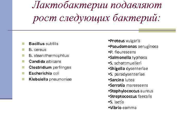 Лактобактерии подавляют рост следующих бактерий: n n n n Bacillus subtilis В. cereus В.