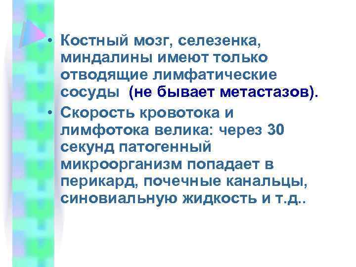  • Костный мозг, селезенка, миндалины имеют только отводящие лимфатические сосуды (не бывает метастазов).