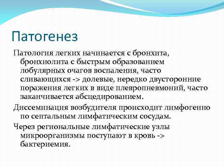 Патогенез Патология легких начинается с бронхита, бронхиолита с быстрым образованием лобулярных очагов воспаления, часто