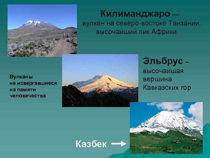 Килиманджаро — вулкан на северо-востоке Танзании, высочайший пик Африки. Эльбрус – высочайшая вершина Кавказских