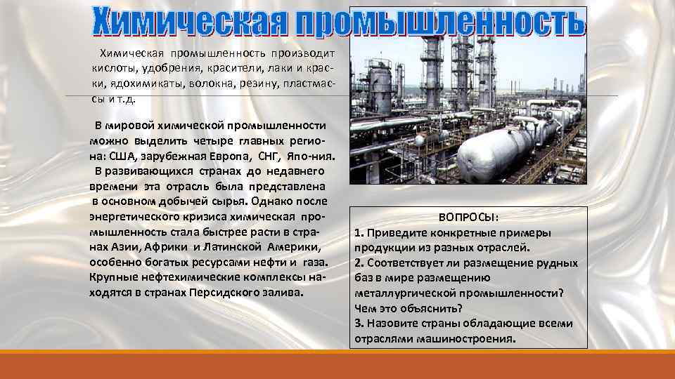 Химическая промышленность производит кислоты, удобрения, красители, лаки и краски, ядохимикаты, волокна, резину, пластмассы и