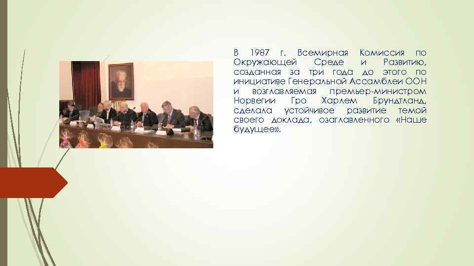 В 1987 г. Всемирная Комиссия по Окружающей Среде и Развитию, созданная за три года