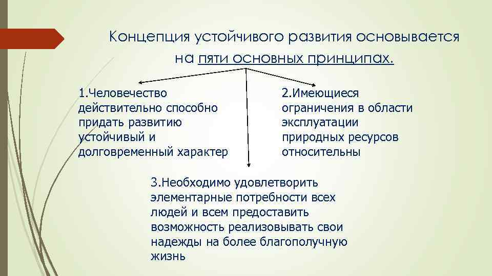 Концепция устойчивого развития основывается на пяти основных принципах. 1. Человечество действительно способно придать развитию
