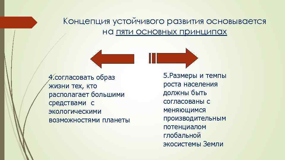 Концепция устойчивого развития основывается на пяти основных принципах 4. согласовать образ жизни тех, кто