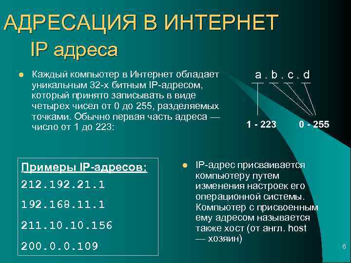 АДРЕСАЦИЯ В ИНТЕРНЕТ IP адреса l Каждый компьютер в Интернет обладает уникальным 32 -х