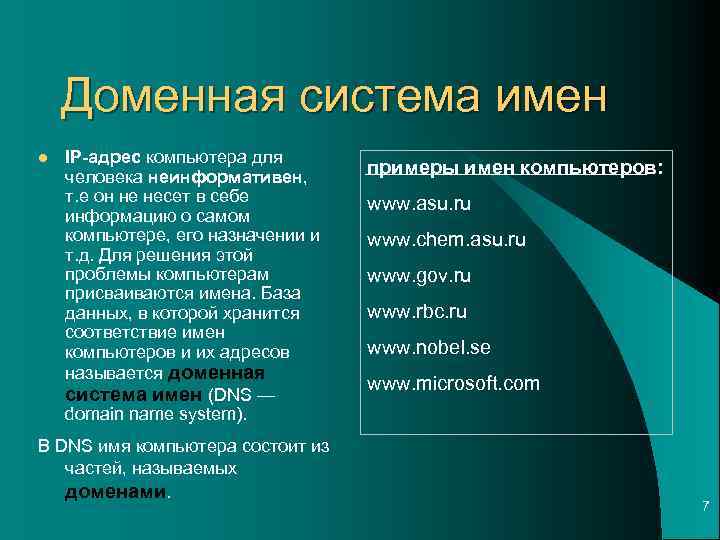 Доменная система имен l IP-адрес компьютера для человека неинформативен, т. е он не несет