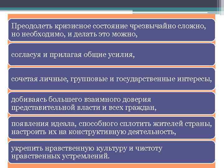 Преодолеть кризисное состояние чрезвычайно сложно, но необходимо, и делать это можно, согласуя и прилагая