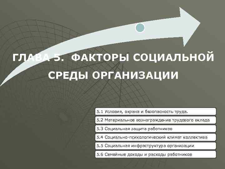 ГЛАВА 5. ФАКТОРЫ СОЦИАЛЬНОЙ СРЕДЫ ОРГАНИЗАЦИИ 5. 1 Условия, охрана и безопасность труда. 5.