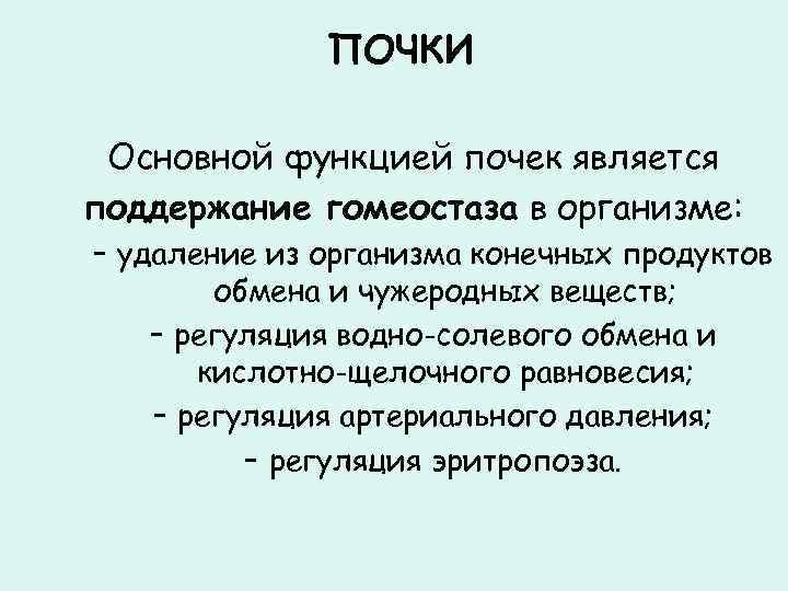 ПОЧКИ Основной функцией почек является поддержание гомеостаза в организме: – удаление из организма конечных