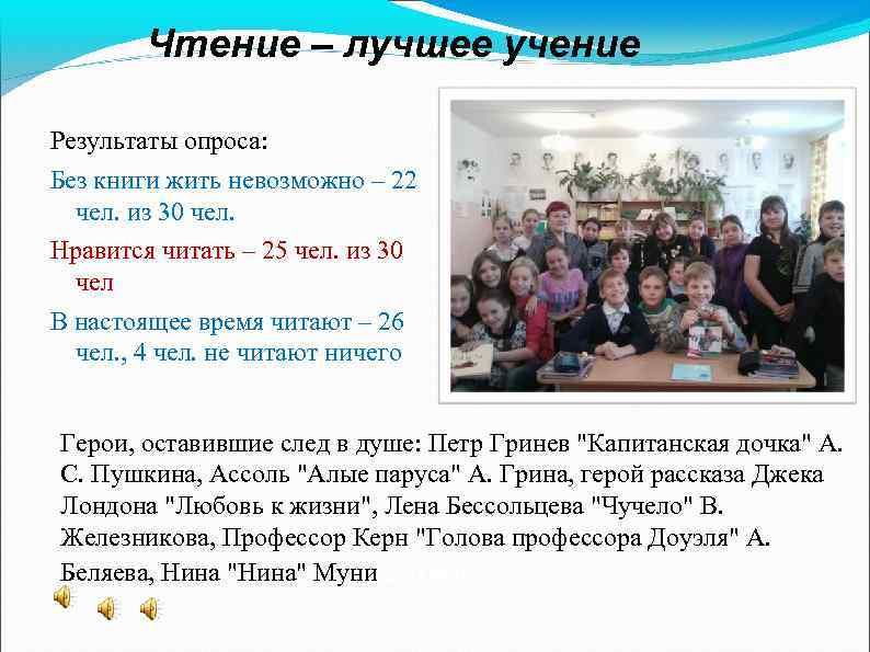 Чтение – лучшее учение Результаты опроса: Без книги жить невозможно – 22 чел. из