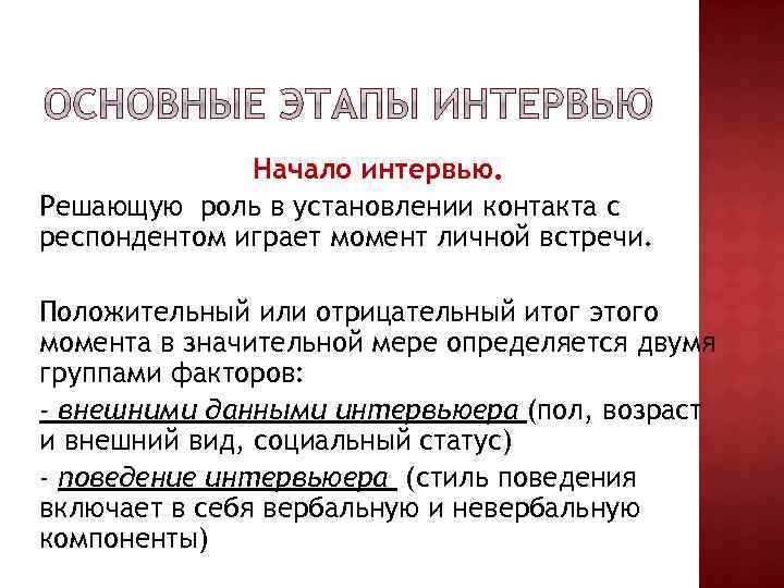 Начало интервью. Решающую роль в установлении контакта с респондентом играет момент личной встречи. Положительный