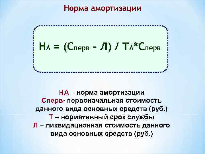 Норма амортизации НА = (Сперв – Л) / ТА*Сперв НА – норма амортизации Сперв-