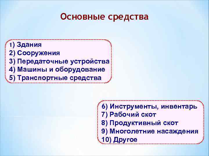 Основные средства 1) Здания 2) Сооружения 3) Передаточные устройства 4) Машины и оборудование 5)