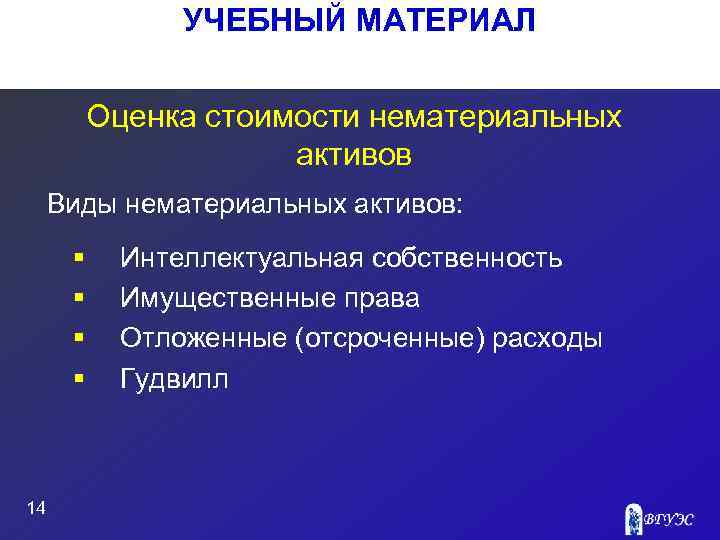 УЧЕБНЫЙ МАТЕРИАЛ Оценка стоимости нематериальных активов Виды нематериальных активов: § § 14 Интеллектуальная собственность