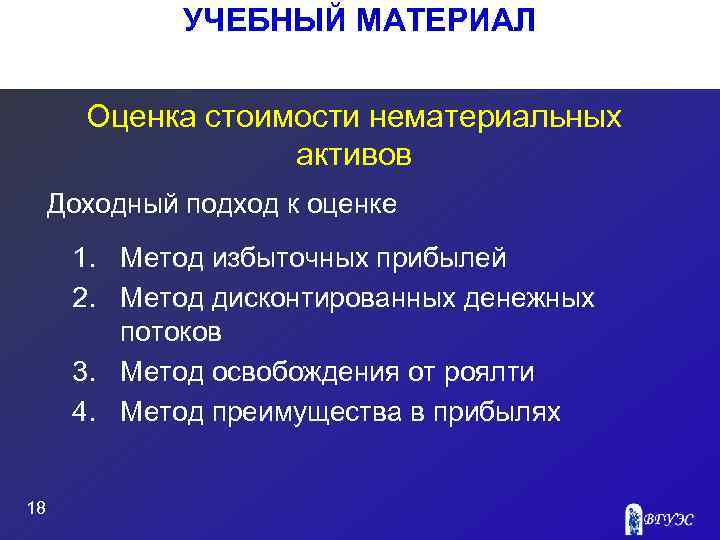УЧЕБНЫЙ МАТЕРИАЛ Оценка стоимости нематериальных активов Доходный подход к оценке 1. Метод избыточных прибылей