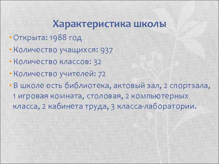 Характеристика школы • Открыта: 1988 год • Количество учащихся: 937 • Количество классов: 32