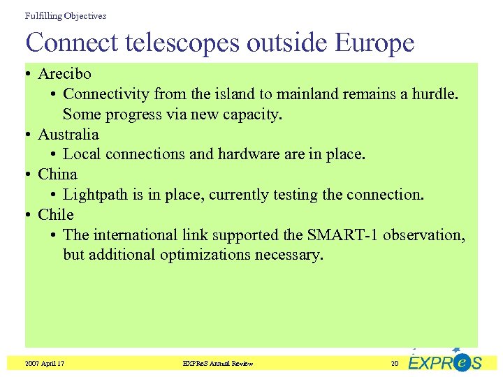 Fulfilling Objectives Connect telescopes outside Europe • Arecibo • Connectivity from the island to