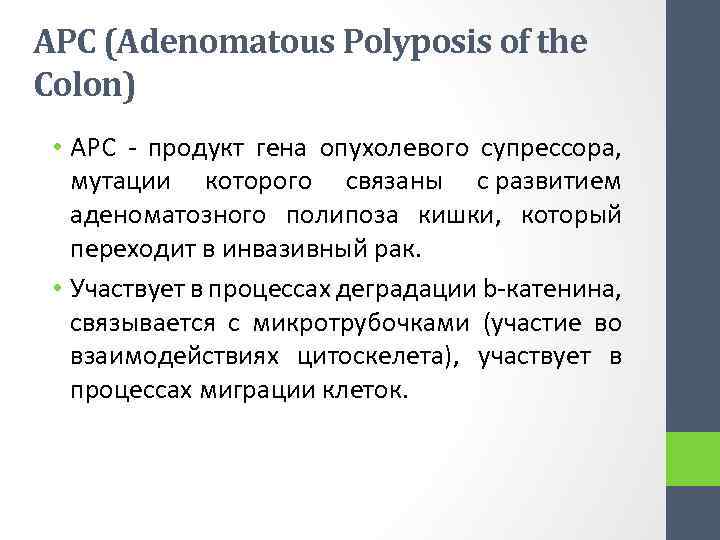 APC (Adenomatous Polyposis of the Colon) • APC - продукт гена опухолевого супрессора, мутации
