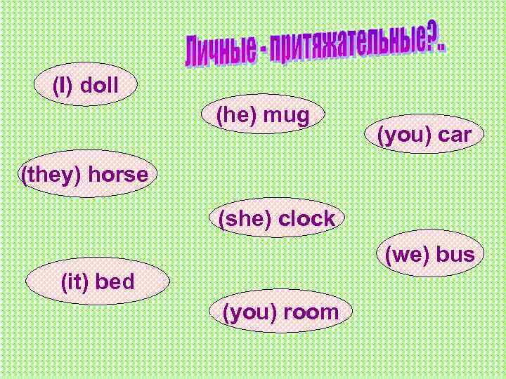 (I) doll (he) mug (you) car (they) horse (she) clock (we) bus (it) bed