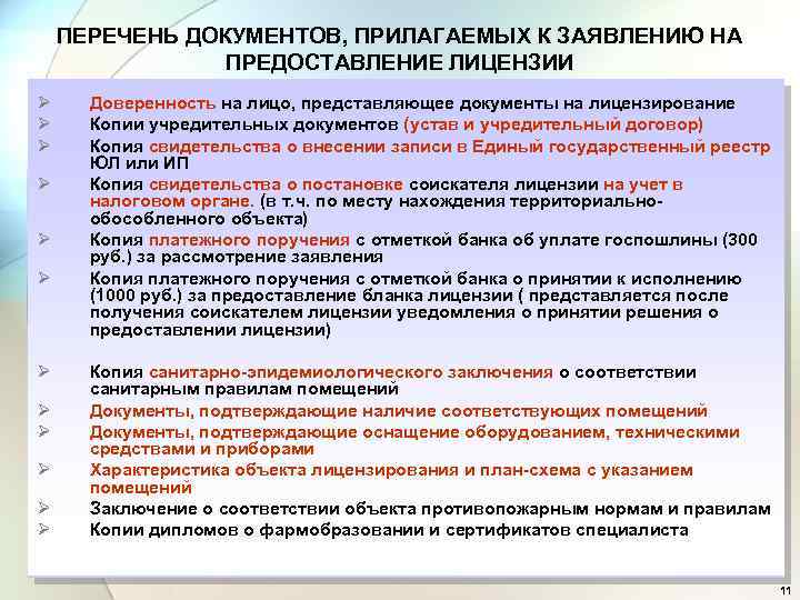 ПЕРЕЧЕНЬ ДОКУМЕНТОВ, ПРИЛАГАЕМЫХ К ЗАЯВЛЕНИЮ НА ПРЕДОСТАВЛЕНИЕ ЛИЦЕНЗИИ Ø Ø Ø Доверенность на лицо,