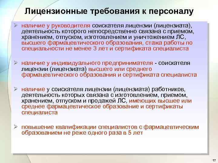 Лицензионные требования к персоналу Ø наличие у руководителя соискателя лицензии (лицензиата), деятельность которого непосредственно