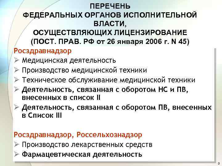 ПЕРЕЧЕНЬ ФЕДЕРАЛЬНЫХ ОРГАНОВ ИСПОЛНИТЕЛЬНОЙ ВЛАСТИ, ОСУЩЕСТВЛЯЮЩИХ ЛИЦЕНЗИРОВАНИЕ (ПОСТ. ПРАВ. РФ от 26 января 2006