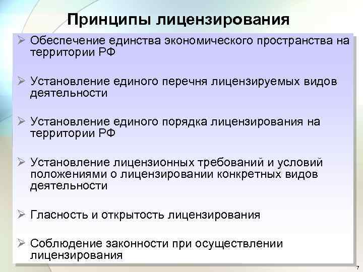 Принципы лицензирования Ø Обеспечение единства экономического пространства на территории РФ Ø Установление единого перечня