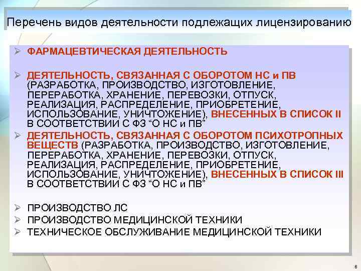 Перечень видов деятельности подлежащих лицензированию Ø ФАРМАЦЕВТИЧЕСКАЯ ДЕЯТЕЛЬНОСТЬ Ø ДЕЯТЕЛЬНОСТЬ, СВЯЗАННАЯ С ОБОРОТОМ НС