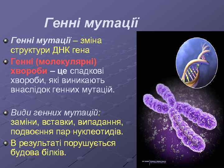 Генні мутації – зміна структури ДНК гена Генні (молекулярні) хвороби – це спадкові хвороби,