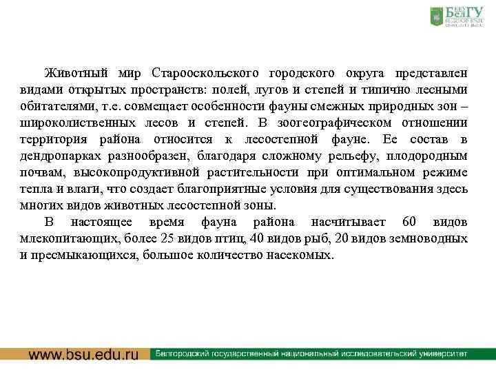 Животный мир Старооскольского городского округа представлен видами открытых пространств: полей, лугов и степей и
