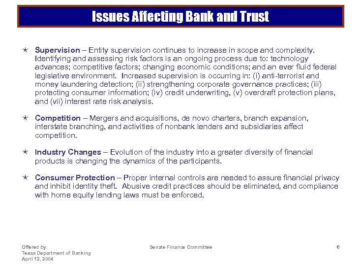 Issues Affecting Bank and Trust é Supervision – Entity supervision continues to increase in
