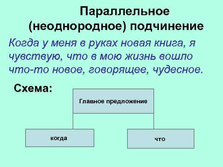 Параллельное (неоднородное) подчинение Когда у меня в руках новая книга, я чувствую, что в