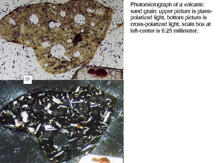 Photomicrograph of a volcanic sand grain; upper picture is planepolarized light, bottom picture is