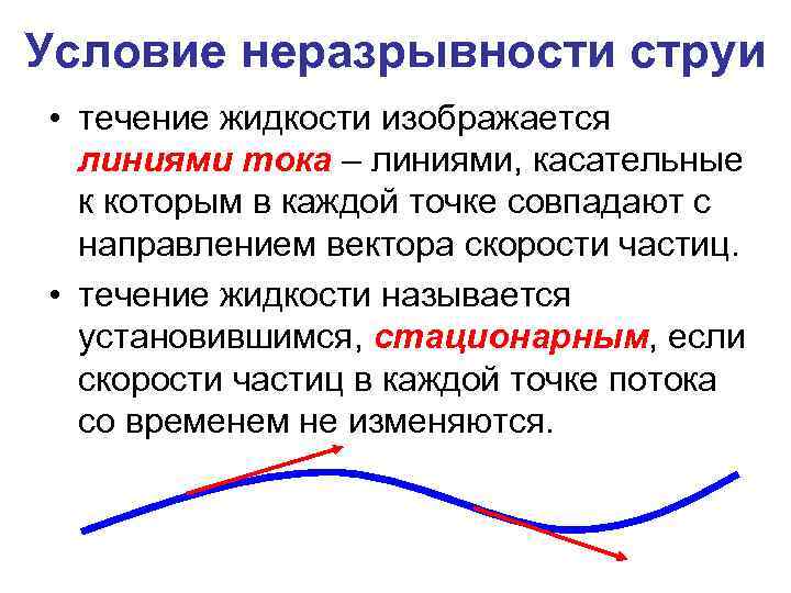 Условие неразрывности струи • течение жидкости изображается линиями тока – линиями, касательные к которым