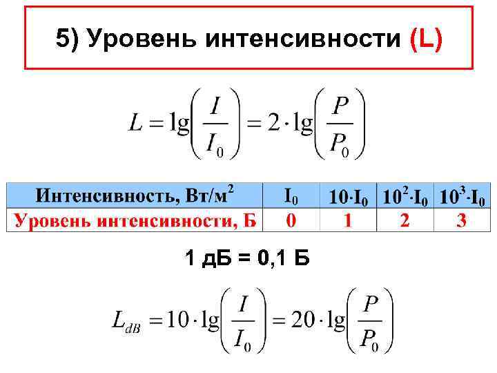 5) Уровень интенсивности (L) 1 д. Б = 0, 1 Б 