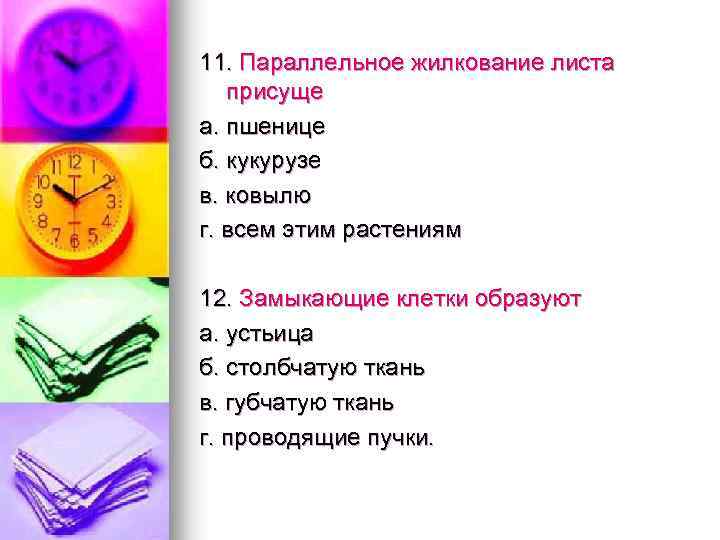 11. Параллельное жилкование листа присуще а. пшенице б. кукурузе в. ковылю г. всем этим