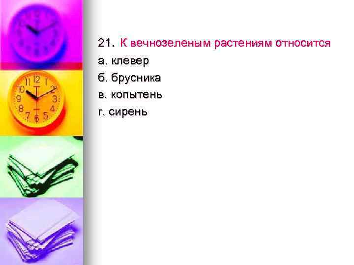 21. К вечнозеленым растениям относится а. клевер б. брусника в. копытень г. сирень 