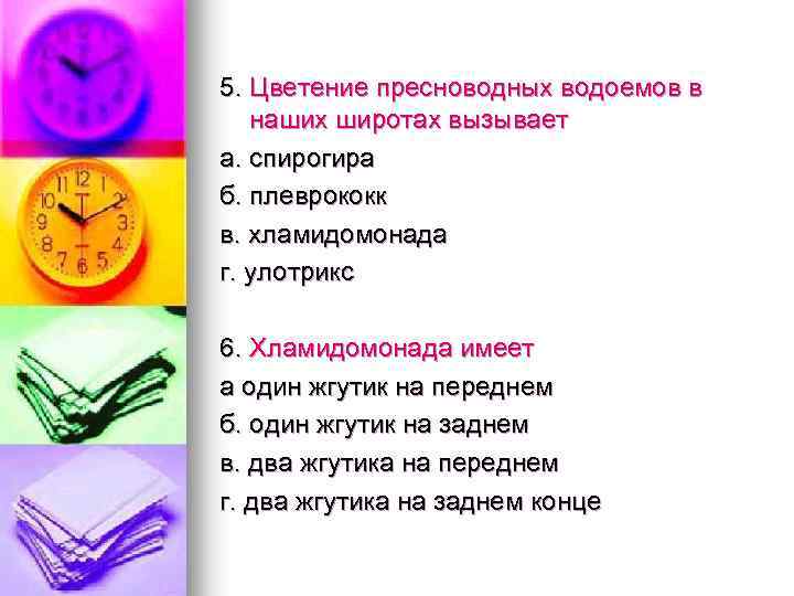 5. Цветение пресноводных водоемов в наших широтах вызывает а. спирогира б. плеврококк в. хламидомонада