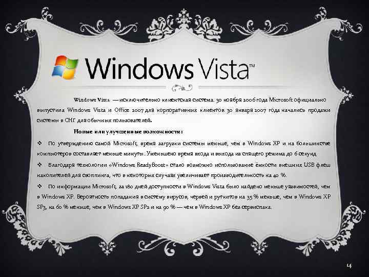 Windows Vista — исключительно клиентская система. 30 ноября 2006 года Microsoft официально выпустила Windows