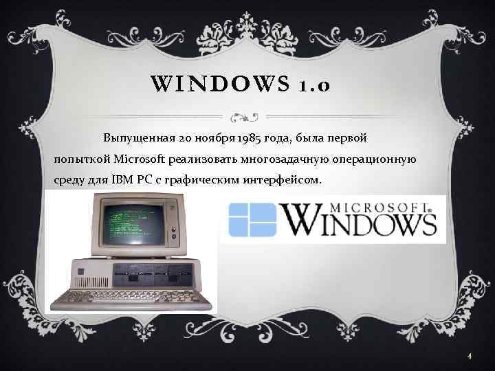 WINDOWS 1. 0 Выпущенная 20 ноября 1985 года, была первой попыткой Microsoft реализовать многозадачную