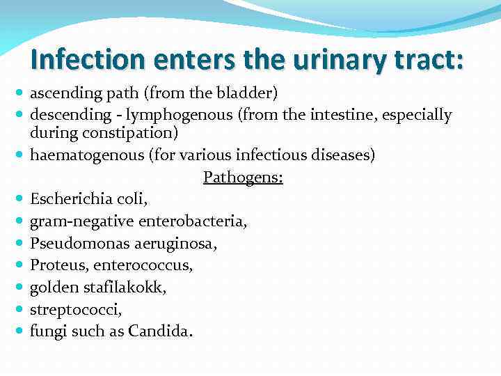 Infection enters the urinary tract: ascending path (from the bladder) descending - lymphogenous (from