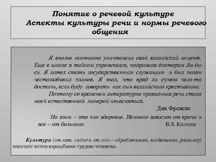Понятие о речевой культуре Аспекты культуры речи и нормы речевого общения Я вполне осознанно