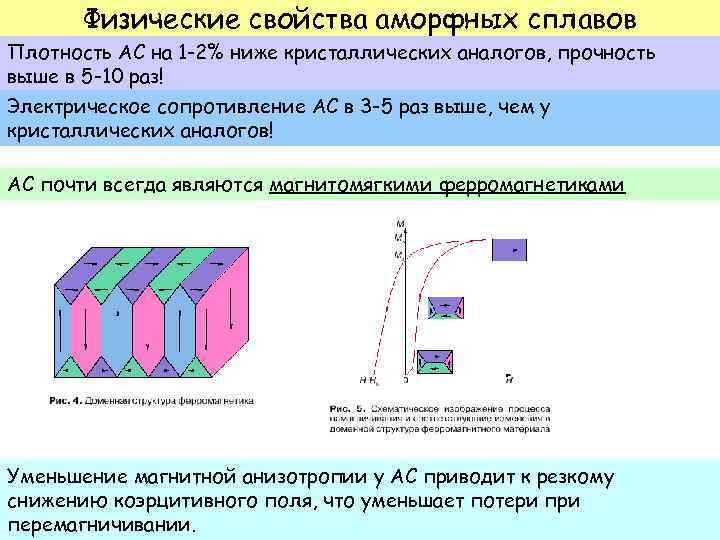 Физические свойства аморфных сплавов Плотность АС на 1 -2% ниже кристаллических аналогов, прочность выше